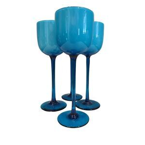 Carlo Moretti Murano Azure Blue White Cased Wine Water Goblet 9.5" MCM Set of 4